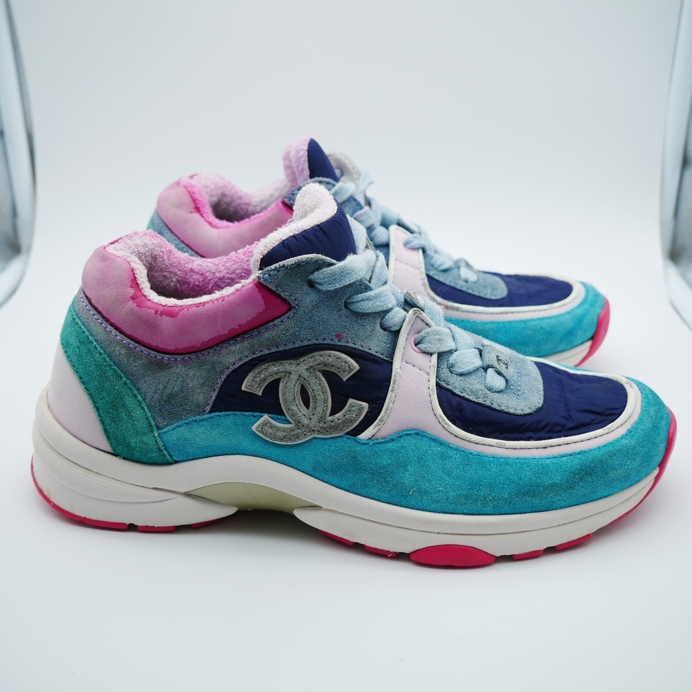 Chanel Multi-Color Suede Nylon CC Logo Low Women Sneakers G34360 Blue Pink 35.5